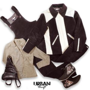 outfit in brown with jumper, shirt, jacket, shoes and purse